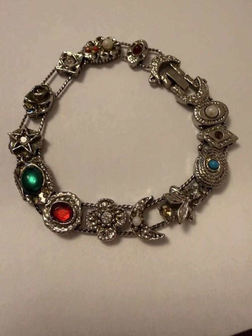 Vintage Goldette Style Silver Slide Charm Bracelet 7.5 Victorian Revival 60s 70s